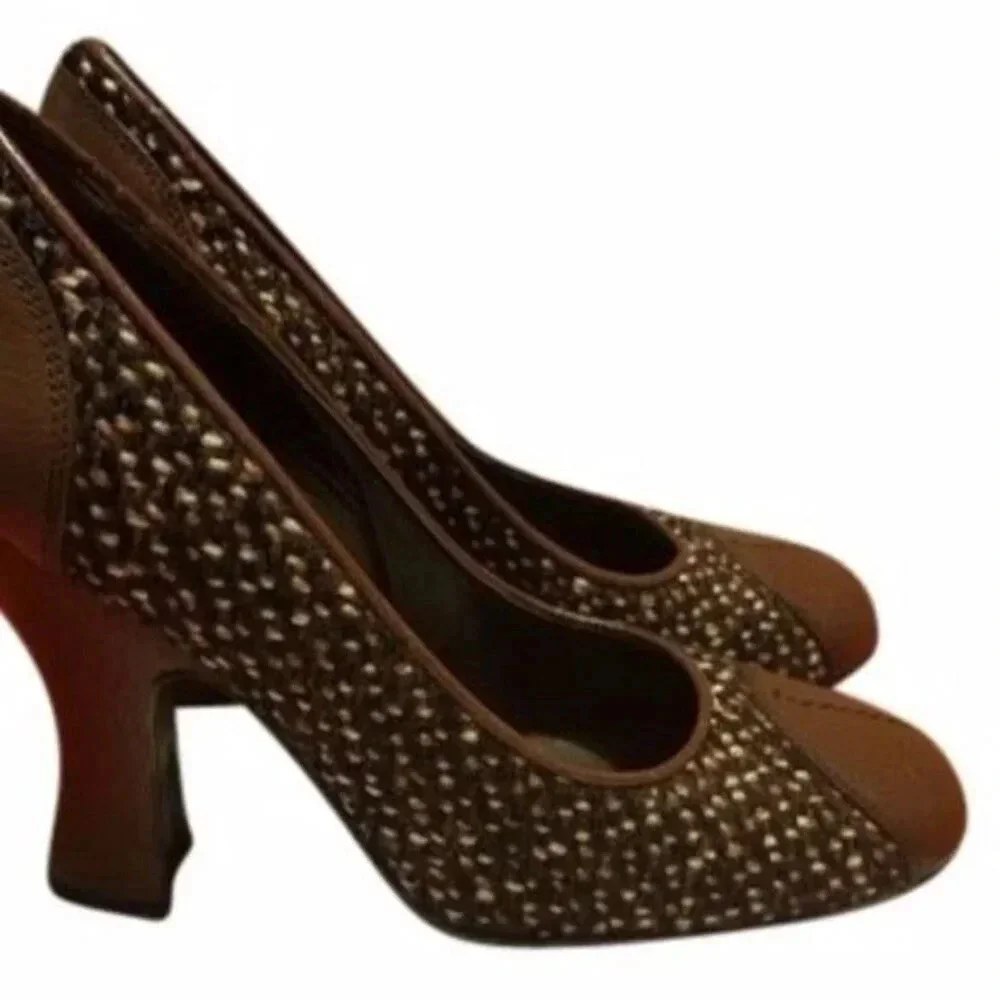 Prada Tweed Vintage 90s Heels Brown Tan Pumps Shoes 39 8.5